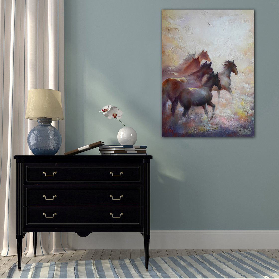 Oil Paint Canvas Art Blue Dress Riding Black Horse Wall Decor Painting –  Golden Lotus Antiques