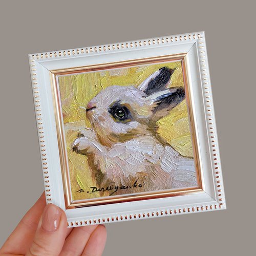 Bunny oil painting original framed 4x4, Small framed art white rabbit artwork yellow background by Nataly Derevyanko