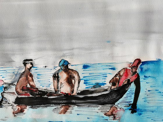 Three men in a boat