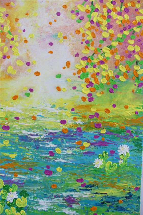 "Dreamy World" - Claude Monet Inspired Impressionistic Acrylic Lily Pond Painting