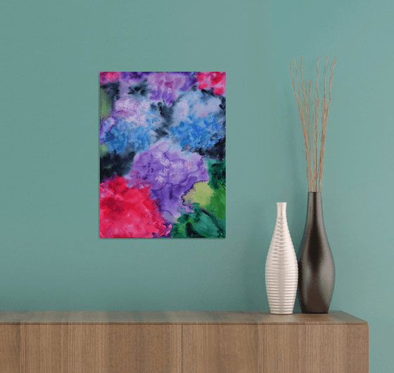 Hydrangea flowers painting, purple hortensia original watercolor art, summer floral wall art
