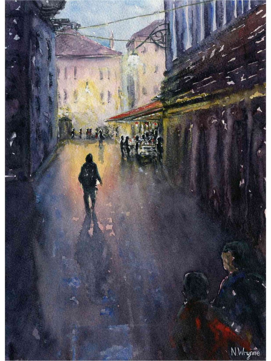 Abstract Cityscapes Watercolour By Neil Wrynne, 11 X 15", As The Night Begins, Original Artwork