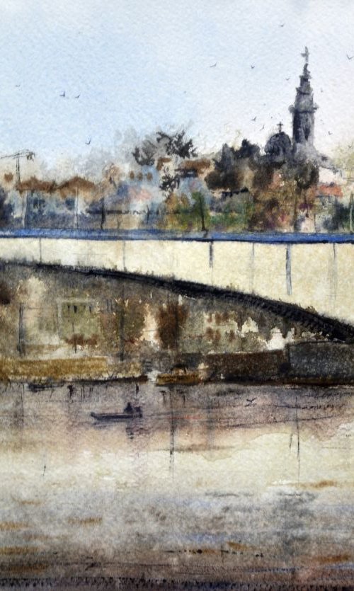 Morning over Branko´s bridge / Jutro iznad Brankovog mosta / original watercolor painting by Nenad Kojić watercolorist