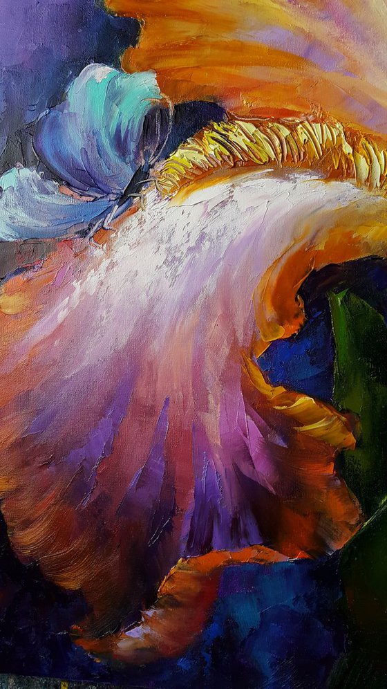 Oil flowers Painting " Delicate Iris " , impasto original art 52x52cm