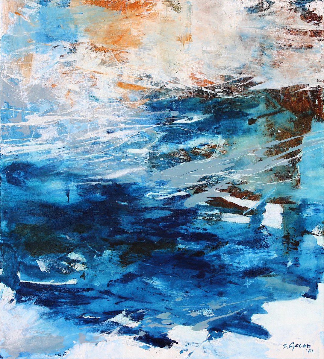 Abstract Landscape Acrylic Painting By Simona Gocan, 35 X 39", Seascape, Original Artwork