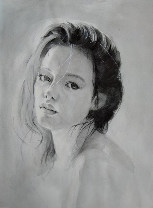 Black white portrait(31x43cm, watercolor, paper) by Kamsar Ohanyan