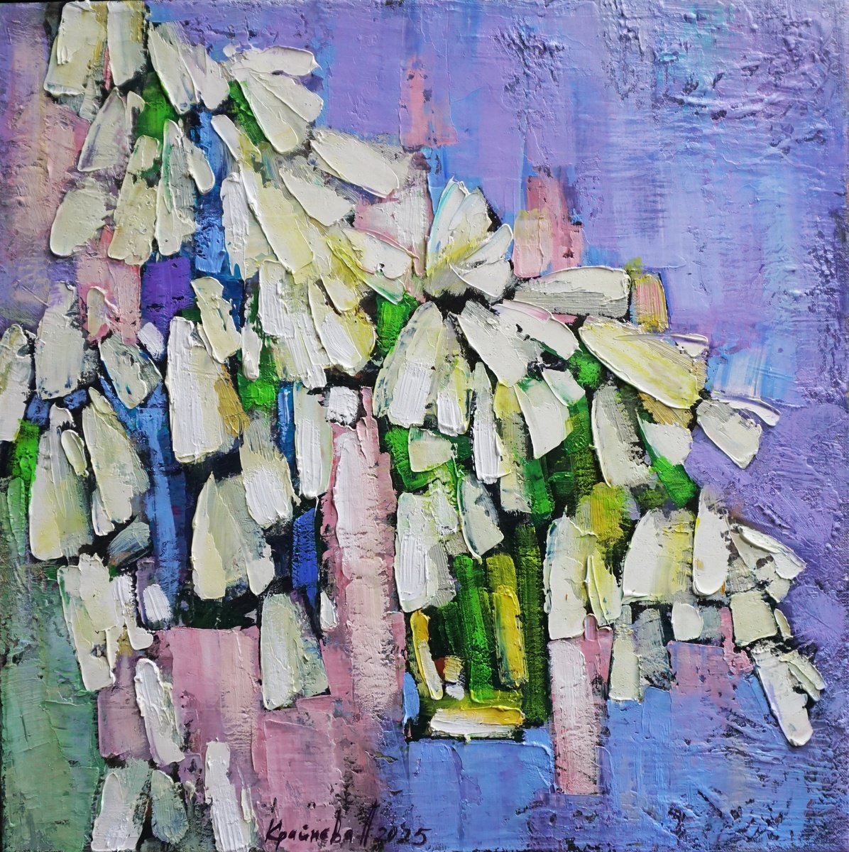 Impressionistic Botanical Oil Painting By Anastasiia Kraineva (Masniuk), 20 X 20, The First Flowers, Original Artwork