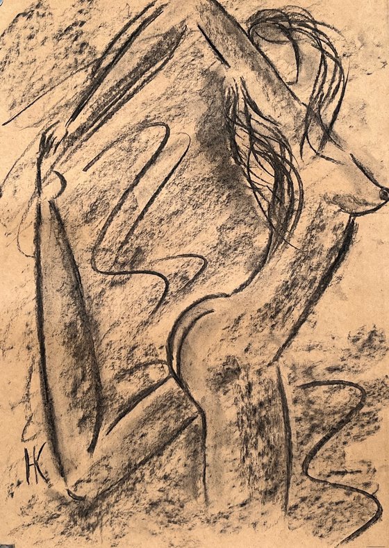 Nude Yoga Girl Charcoal Art