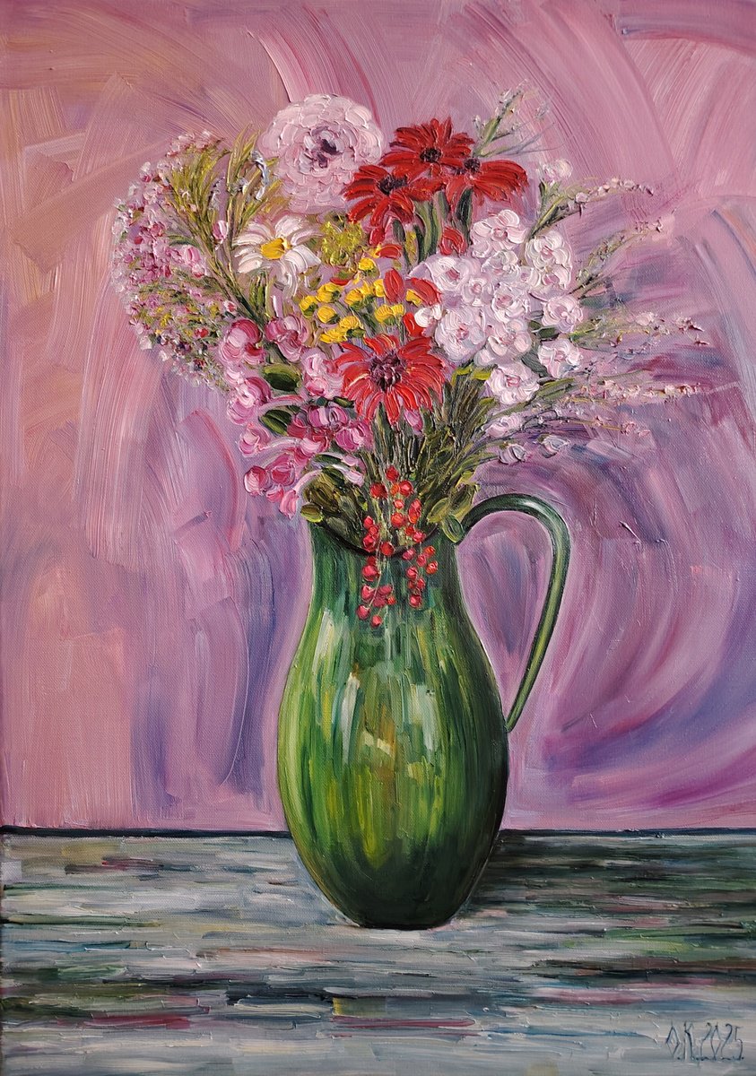 Impressionistic Botanical Oil Painting By Olga Knezevic, 20 X 28", Purple Bouquet, Original Artwork