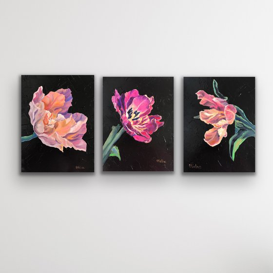 Set of 3 tulips oil on canvas, Purple Flower Wall Art, Pink Floral Gallery Wall Art, Minimal Botanical Art Wall Decor