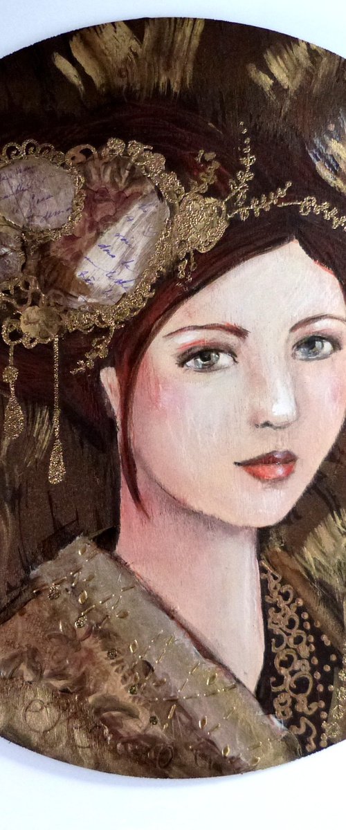 One day, far away. wood round artwork 30cm. by Loetitia Pillault