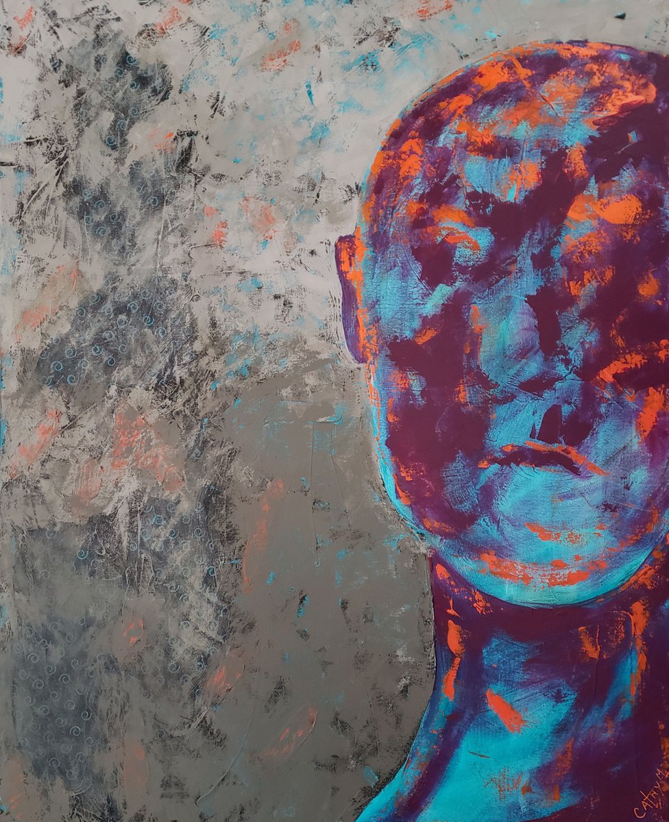 Abstract Portrait Painting By Cathy Maiorano, 24 X 30, Head In The Clouds, Original Artwork