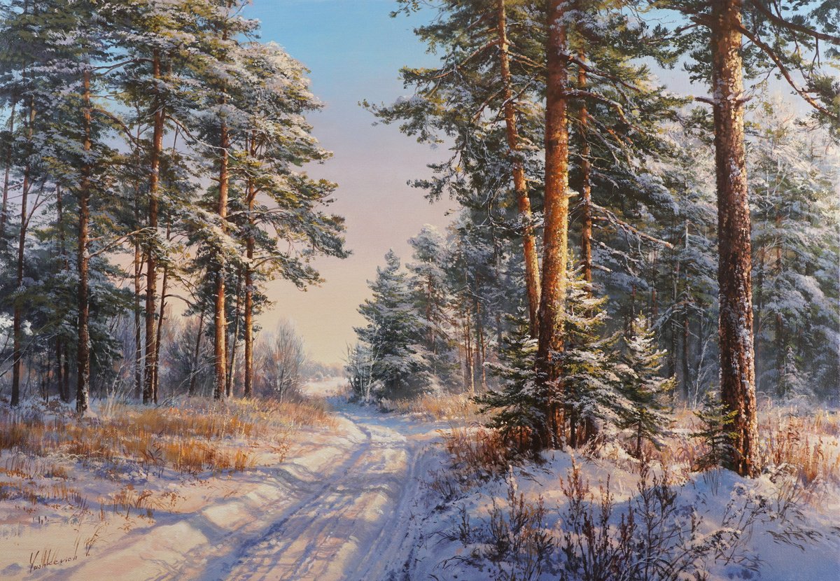 Photorealistic Landscape Acrylic Painting By Viktar Yushkevich Yuvart, 39 X 28", Snow-Covered Path, Original Artwork