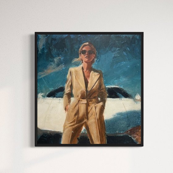 Ride with me | white sportscar strong power woman in beige suit blue sky