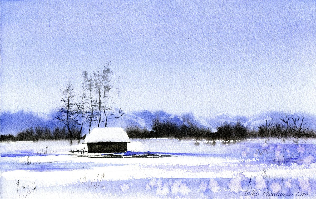 Farmhouse in a winter field original artwork painting , snow, watercolor in blue colores by Irina Povaliaeva