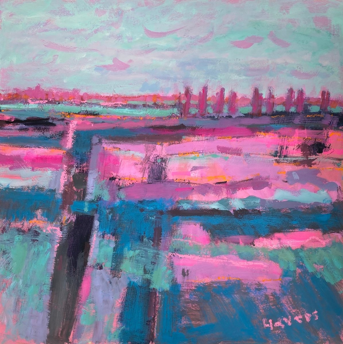 Abstract Landscape Acrylic Painting By Chrissie Havers, 24 X 24, Wind Blowing, Original Artwork