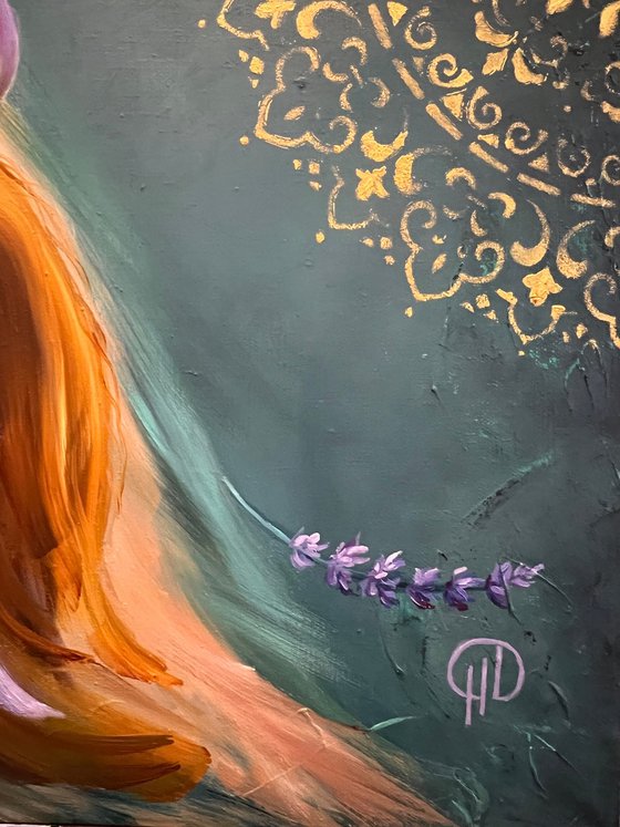 Whispering lavender, painting of a girl, girl's back, girl with long hair,  metaphorical painting, painting about personal boundaries, lavender whisper, lavender, mandala, potpourri painting