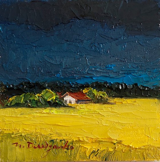 Yellow field painting original, Mini Landscape oil painting small art framed, Miniature painting guest gift - Before storm