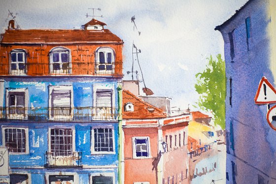 Lisbon street in Alfama. Urban cute landscape. Medium format watercolor urban landscape portugal bright architecture travel lisboa