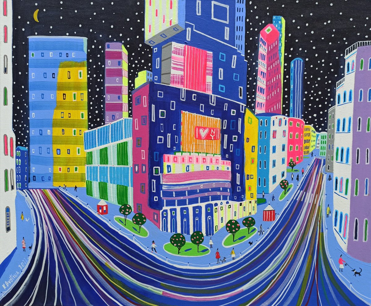 Impressionistic Cityscapes Acrylic Painting By Katrina Avotina, 24 X 20", The City Never Sleeps, Original Artwork