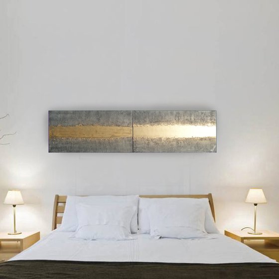 gold stripe & steel long painting A719 50x200x2 cm decor Vertical original abstract art Large paintings stretched canvas acrylic art industrial metallic textured wall art