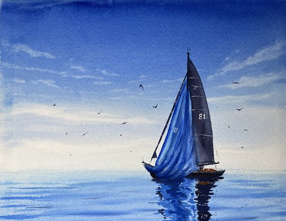 Tranquil Sea Sailboat Scene.