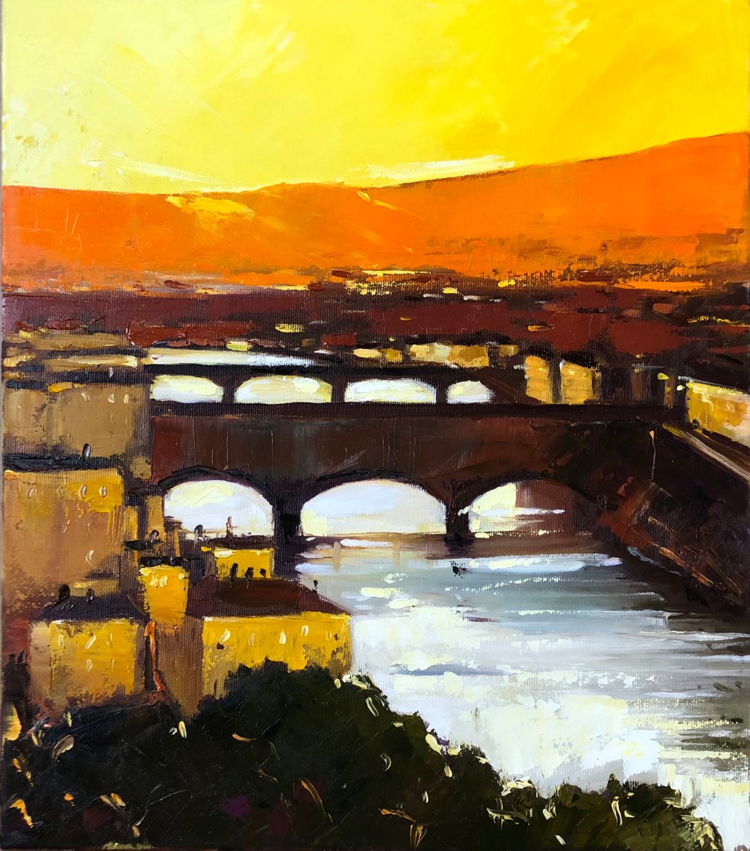 Impressionistic Cityscapes Oil Painting By Volodymyr Smoliak, 14 X 16", Florence Sunset, Original Artwork