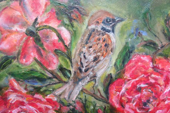 Birds' stories Roses Oil Artwork Sparrows in a Bush Love Bridal Child Gift Hand Painted Magic Forest Illustration