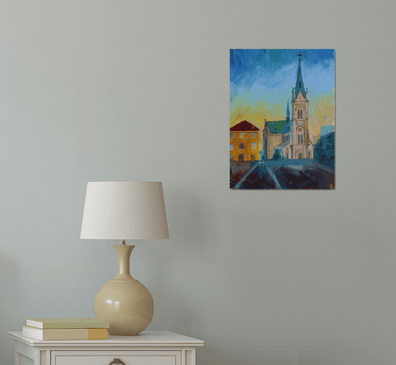 Oil painting Church Blumental in Bratislava, sunset in Slovakia