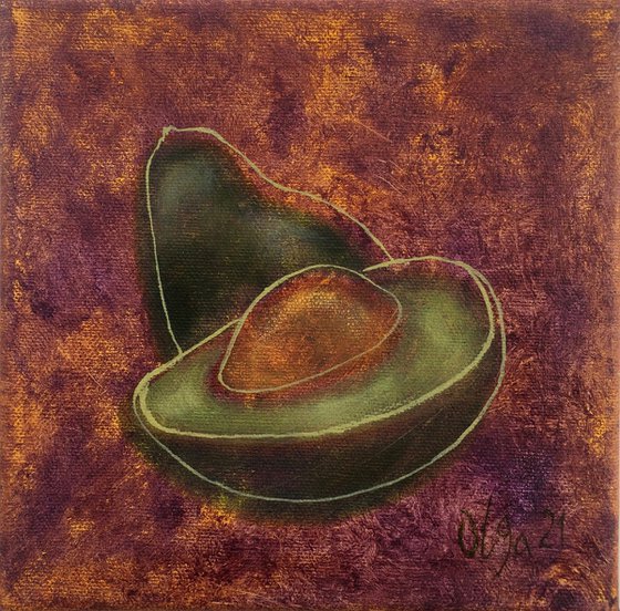 Food original oil painting - Avocado small canvas - Fruit shelf painting - Kitchen wall art - Gift idea