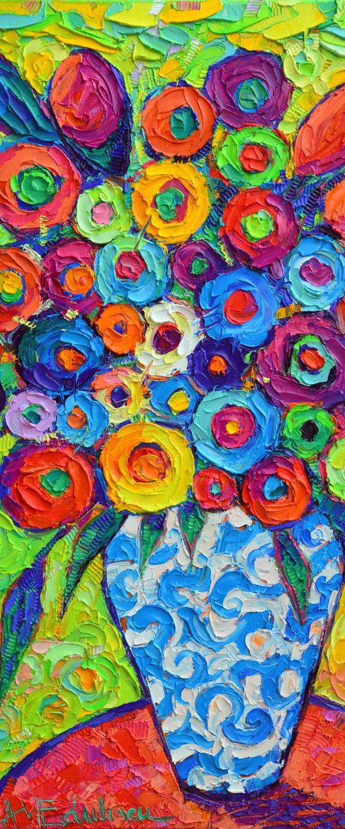 ABSTRACT COLOURFUL FLOWERS OF HAPPINESS - modern impressionism textural impasto palette knife original oil painting by Ana Maria Edulescu by ANA MARIA EDULESCU