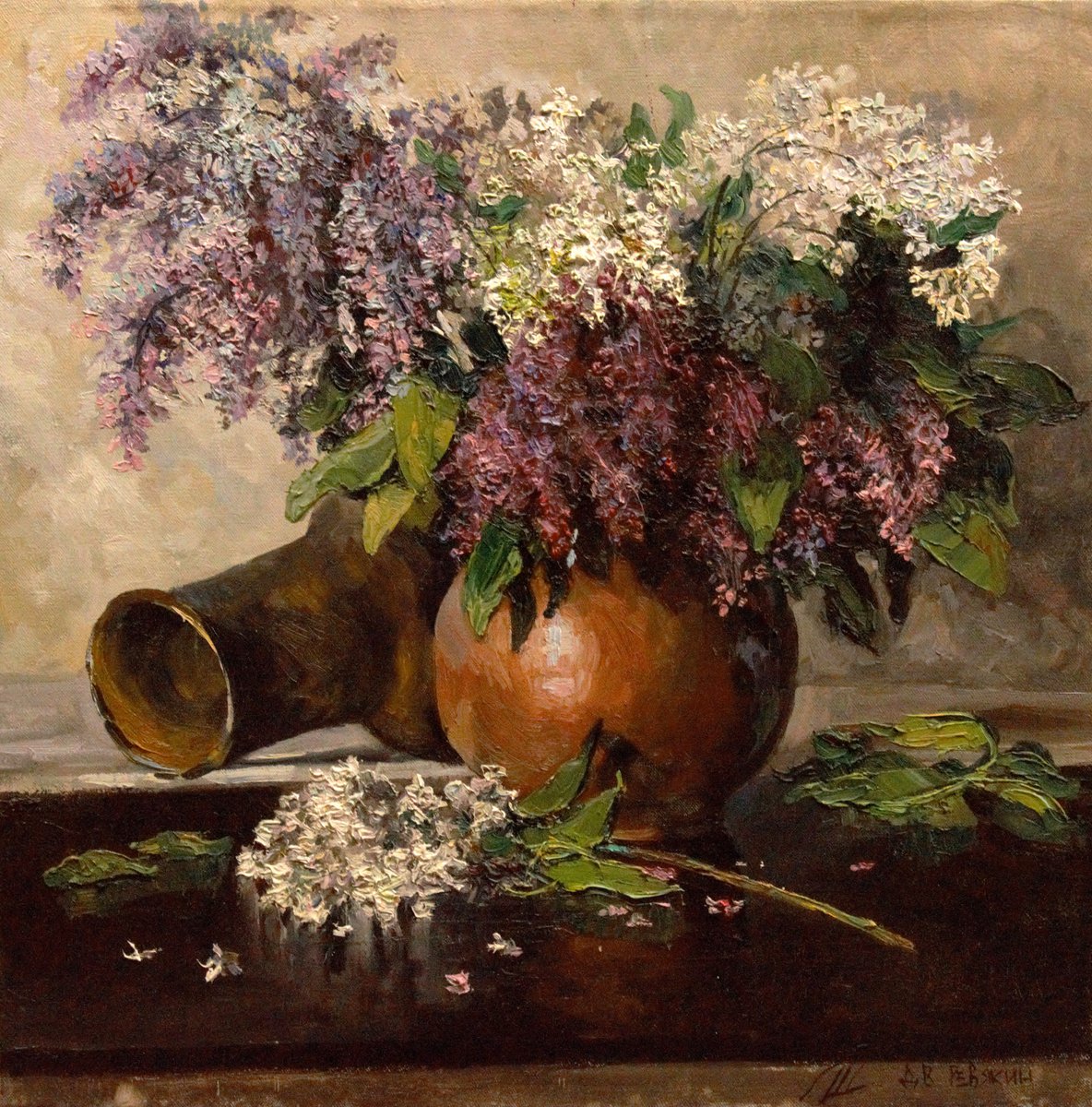 Bouquet of lilac in a clay vase. Contemporary oil painting by Dmitry Revyakin