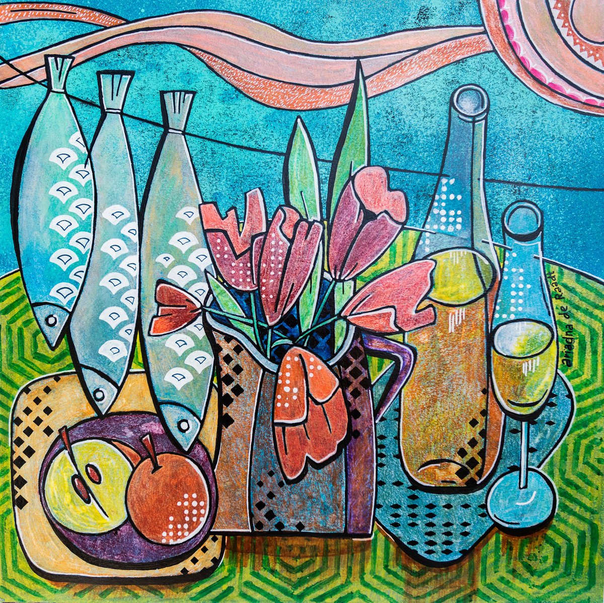 Cartoon Still Life Painting By Ariadna De Raadt, 16 X 16, Nice Day 1, Still Life, Original Artwork