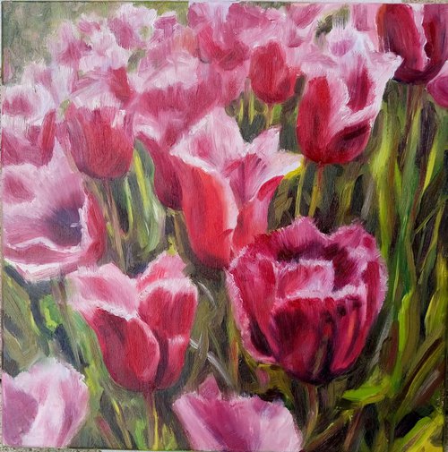 Tulips.  --- (Floral gift idea, bright spring home decor, oil original painting square canvas 40x40cm) by Mag Verkhovets