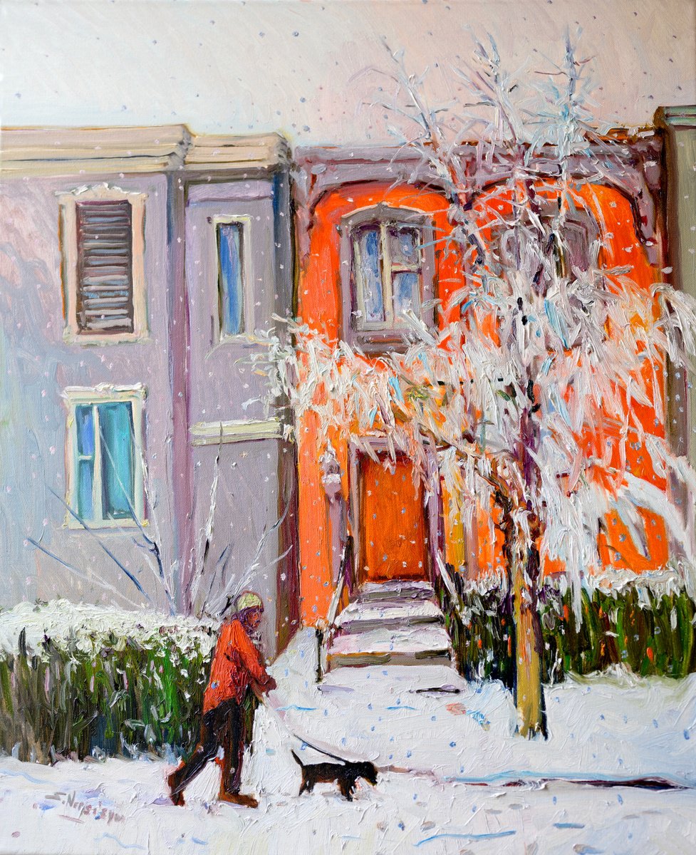 Impressionistic Cityscapes Oil Painting By Suren Nersisyan, 22 X 28", Winter Walk With Dog, Original Artwork