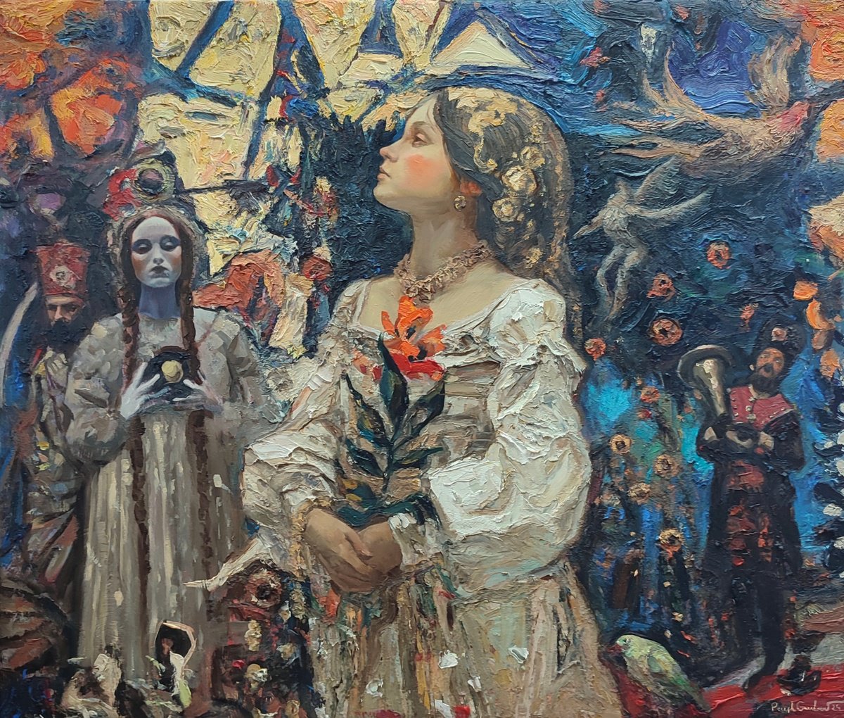 Surrealistic Portrait Oil Painting By Pavel Guliaev, 31 X 28", Waiting Patiently, Original Artwork