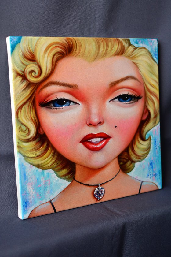 SWEET MARILYN by Yaroslav Sobol (Glamorous Marilyn Monroe Pop Art Painting - Famous Actress and Model with Big Eyes on Blue, Oil Painting)
