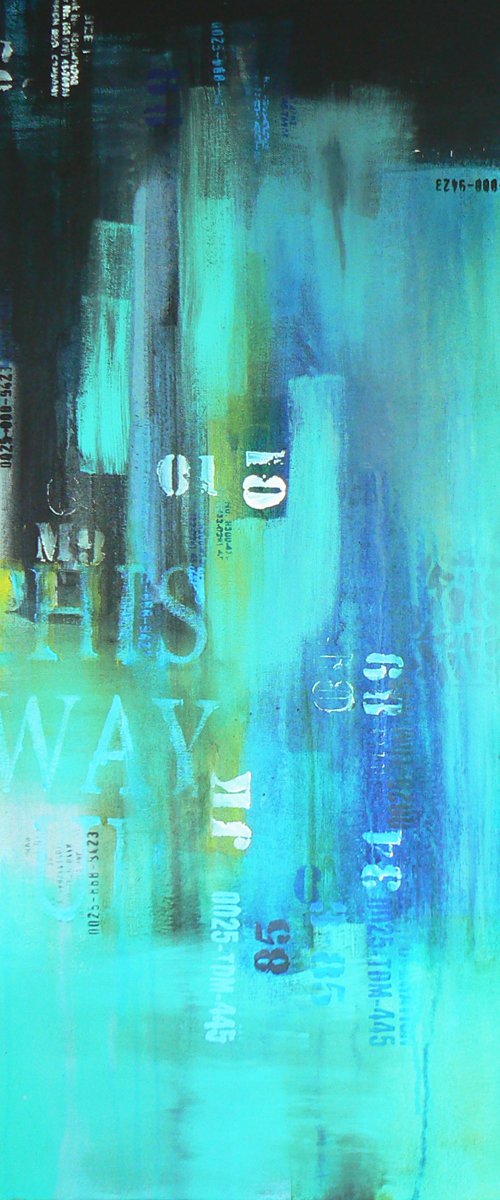 Which way is up (contemporary urban abstract, typography artwork in blues and greens) by Carolynne Coulson