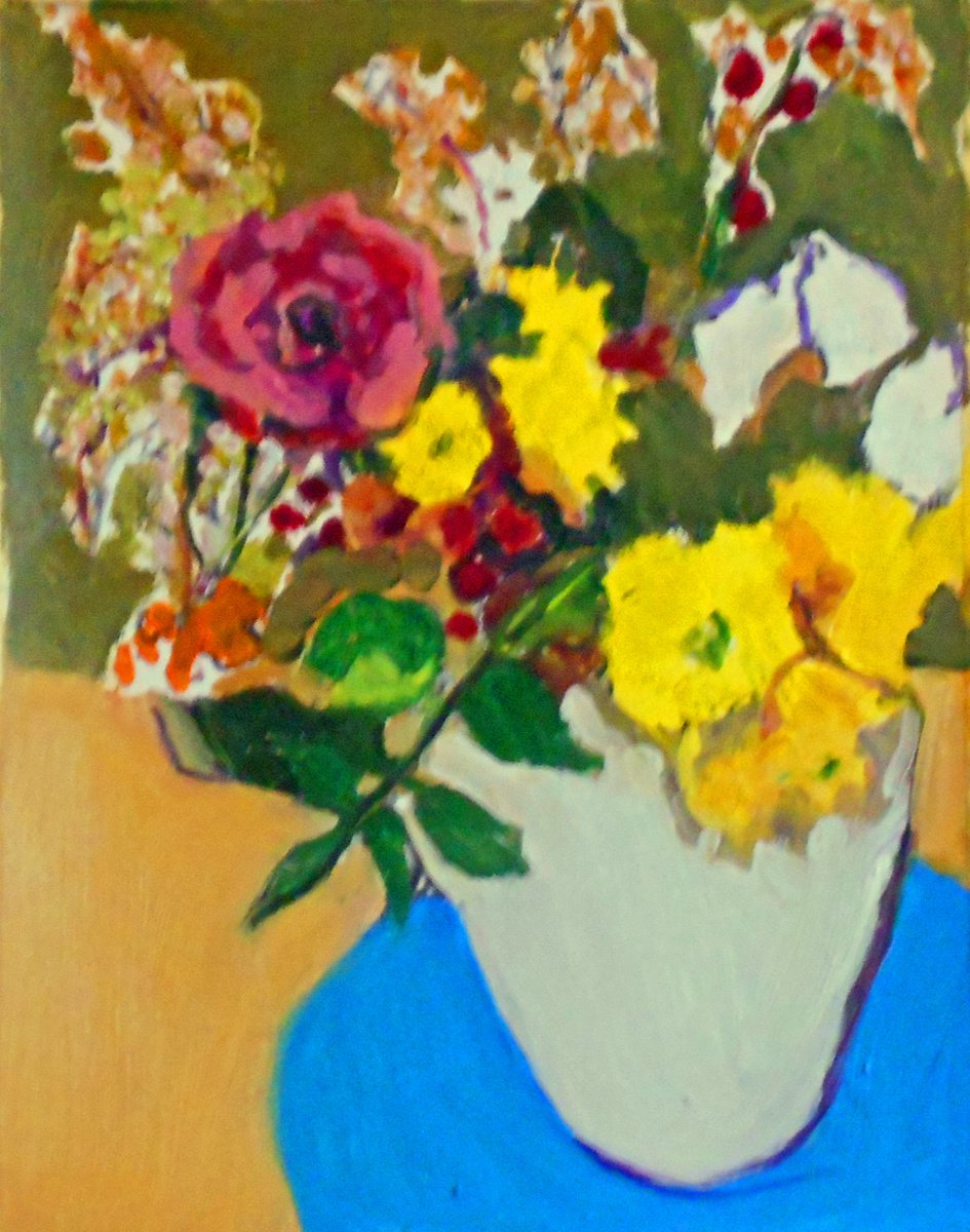 Flowers in White Vase on Blue by Ann Cameron McDonald