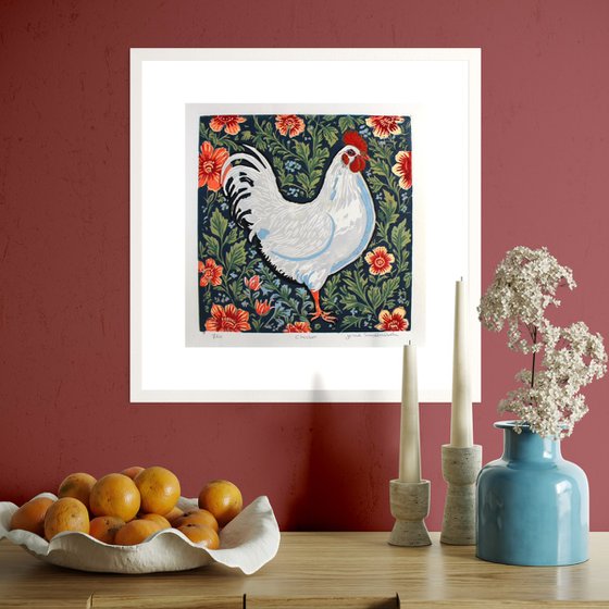 Hen – reduction linocut print