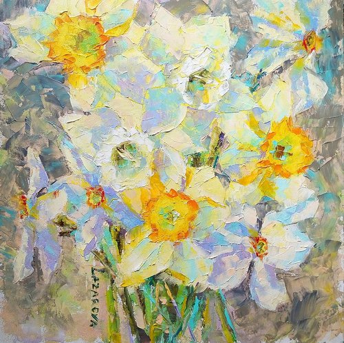 Daffodils on a gray background by Valerie Lazareva