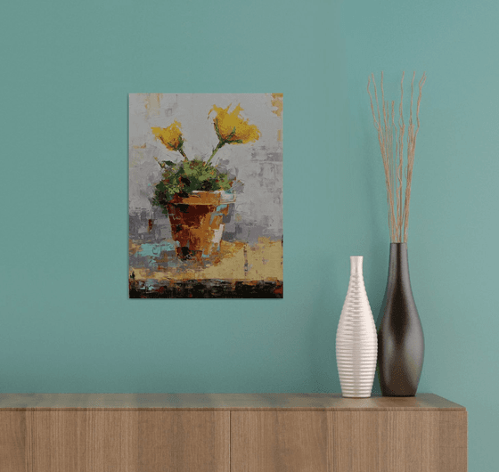 Modern still life with yellow flowers