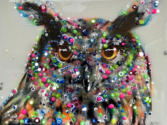 Sugar Pip - Oil, Resin, Acrylic & more resin Long Eared Owl original oil on box canvas 16x12"