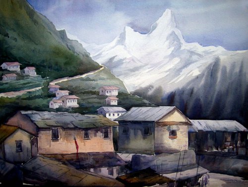 Beauty of Himalayan Peaks & Village - Watercolor painting by Samiran Sarkar