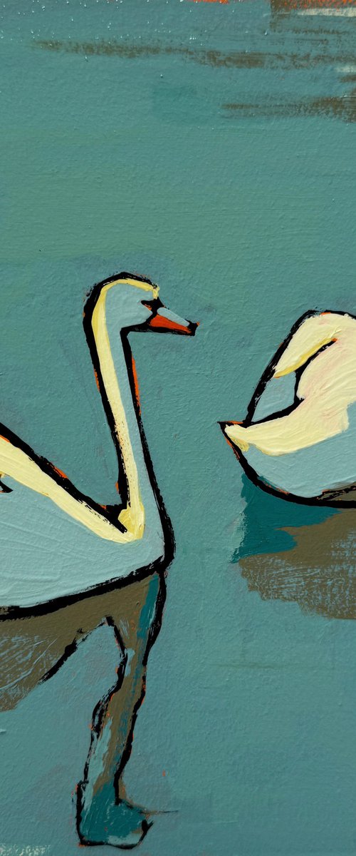 Original Small Painting Blue "2 Swans" by Daria Baklykova