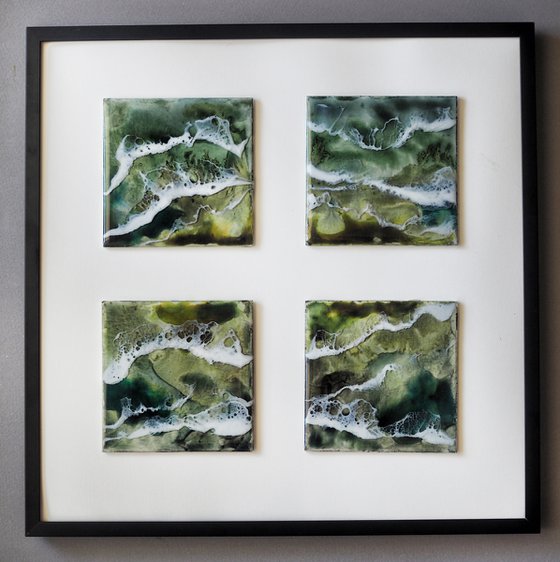 Green lake - set of 4 original seascape painting, polyptych