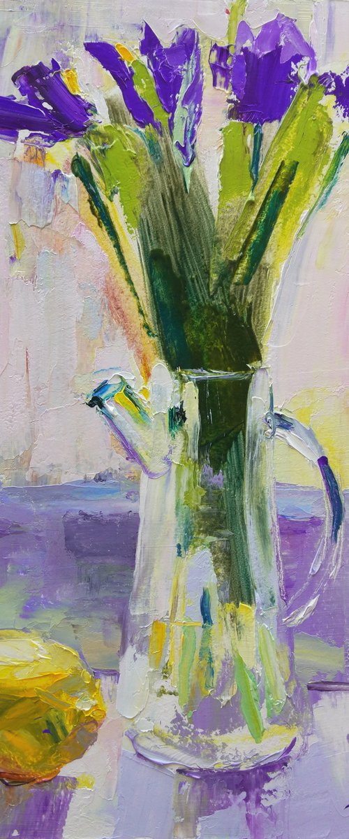 Irises and lemon. Original oil painting by Helen Shukina