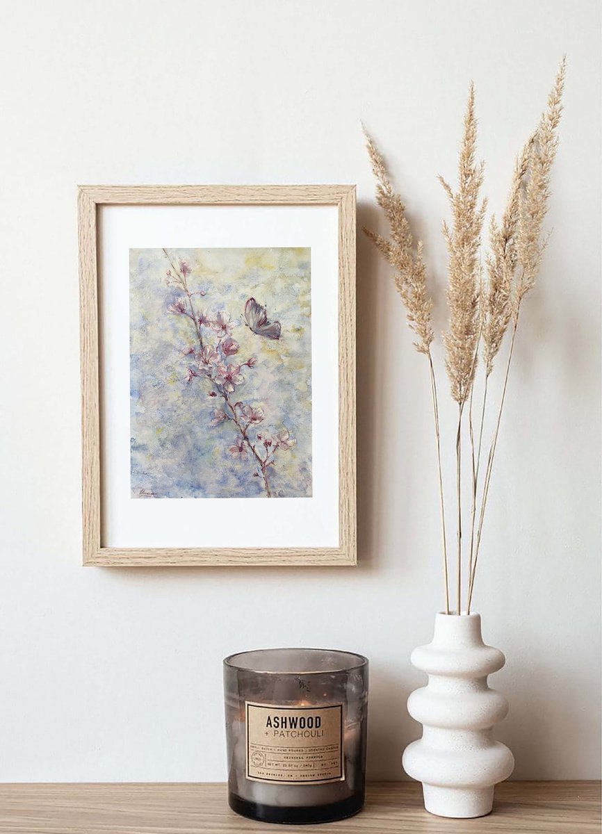 SPRING - Pastel and watercolor drawing on paper, original gift, summer, blue, pink, decor by Tatsiana Ilyina