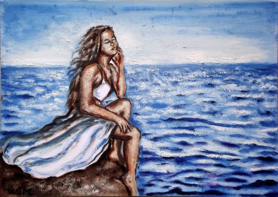 SEASIDE GIRL - WAVES' WHISPERS - Thick oil painting - 42x29.5cm