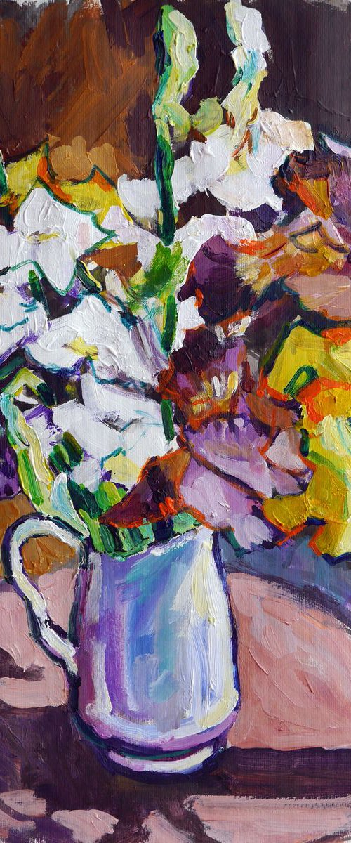 "Irises in a jug" original painting 50*65 cm by Dima Braga